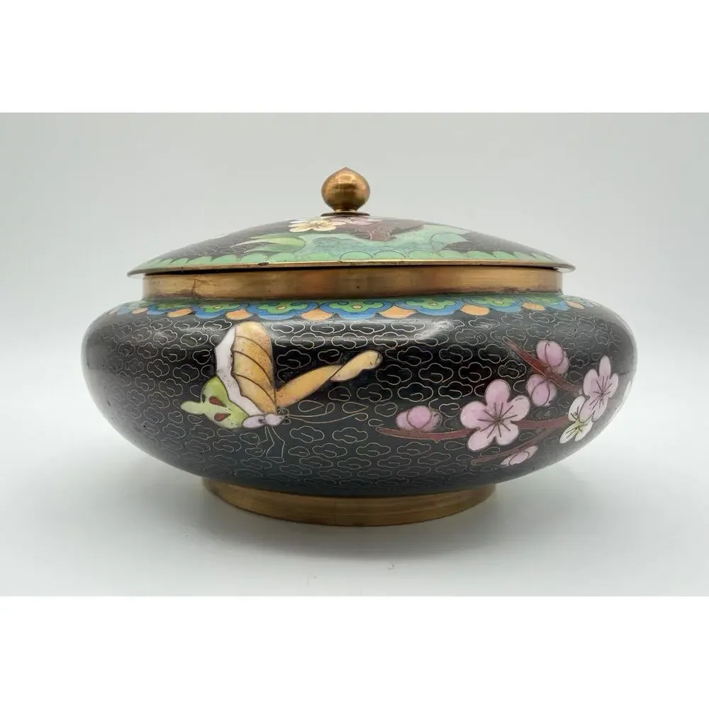 Chinese Cloisonné Lidded Bowl Hand Painted Enamel Flowers & Butterflies Vintage